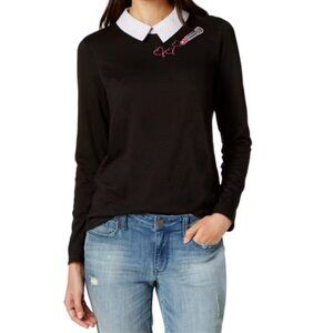 Maison Jules Black White Collar Lipstick Heart Long Sleeve Top XS